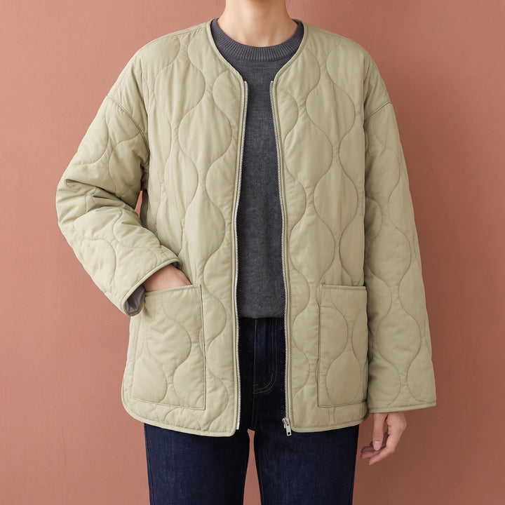 Rosa Wave Quilted Collarless Jacket - Khaki