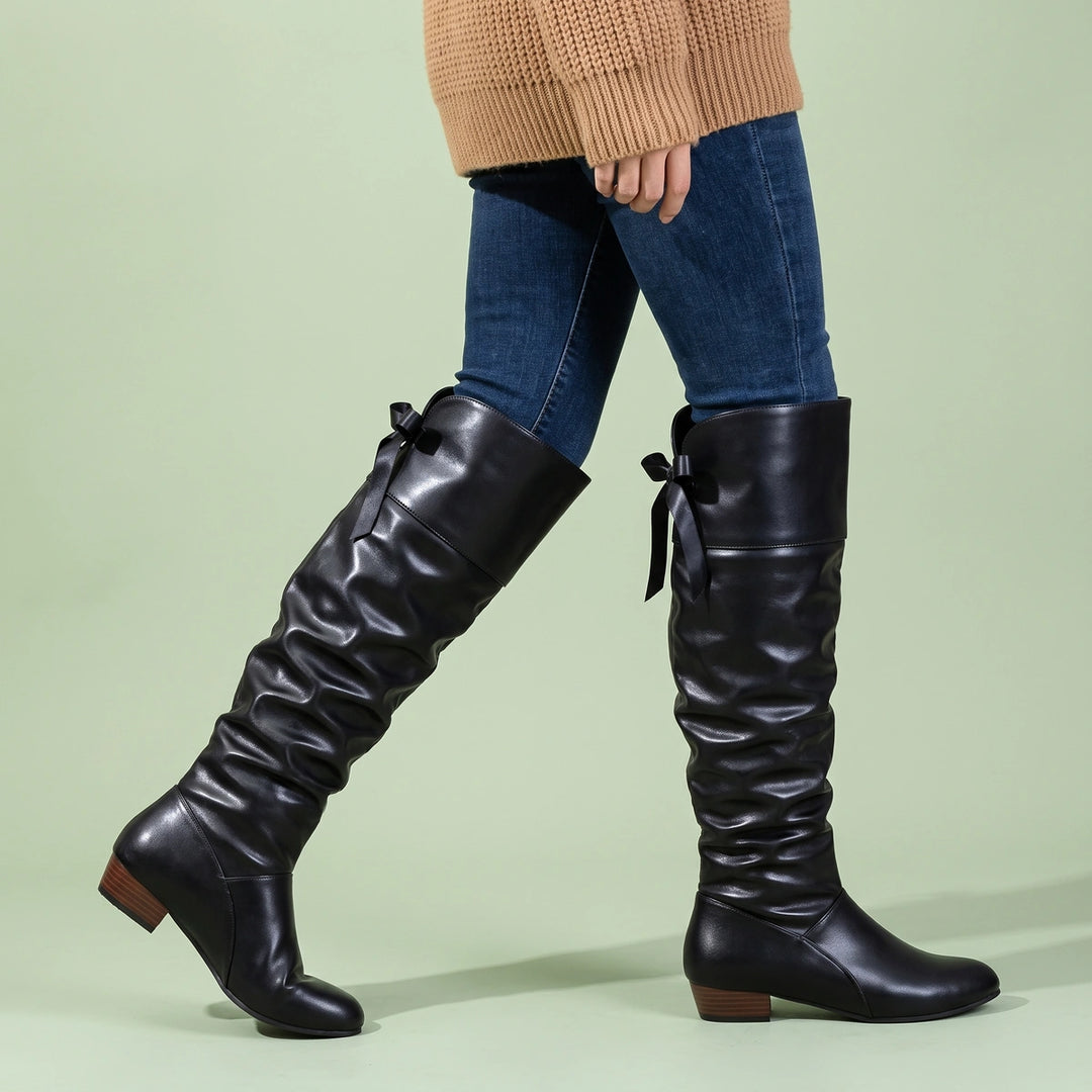 Rosabel Ruched Leather Knee High Slouch Boots - Black