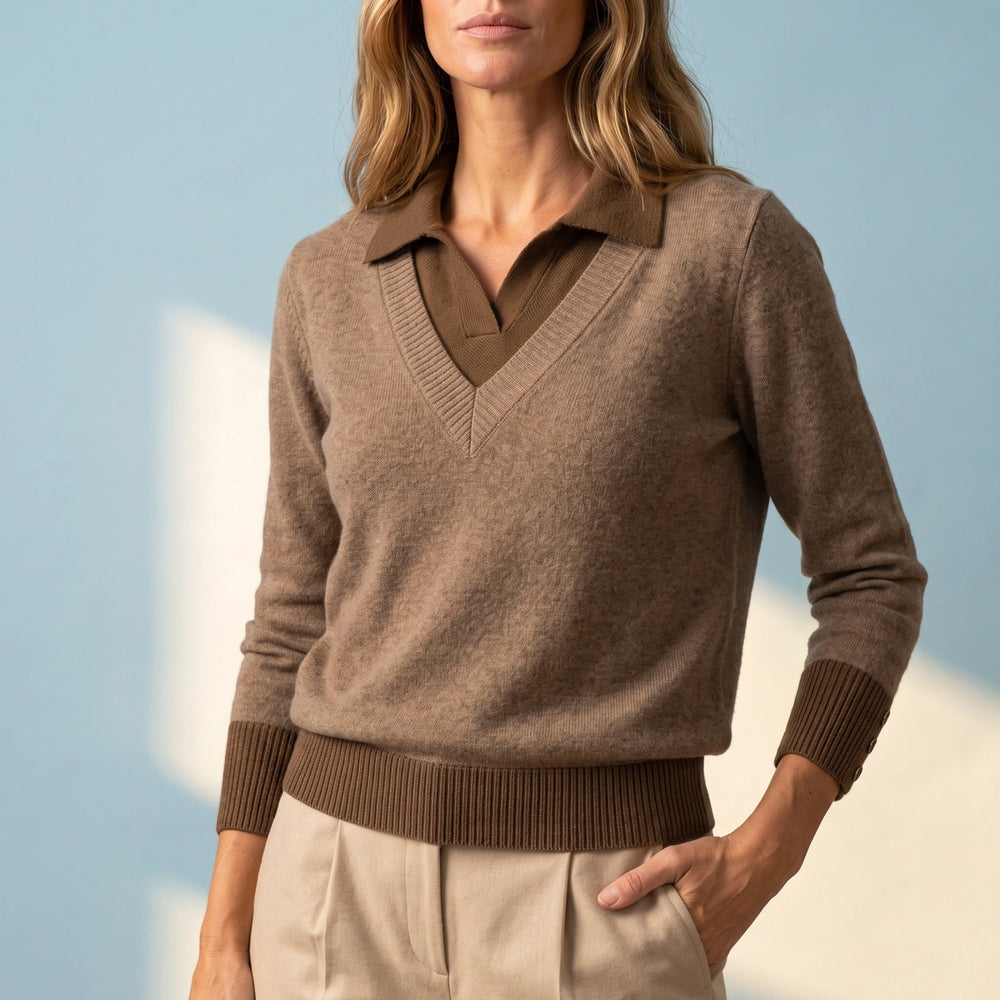 Rosalba Cashmere Blend Layered Polo Collar Sweater - Brown