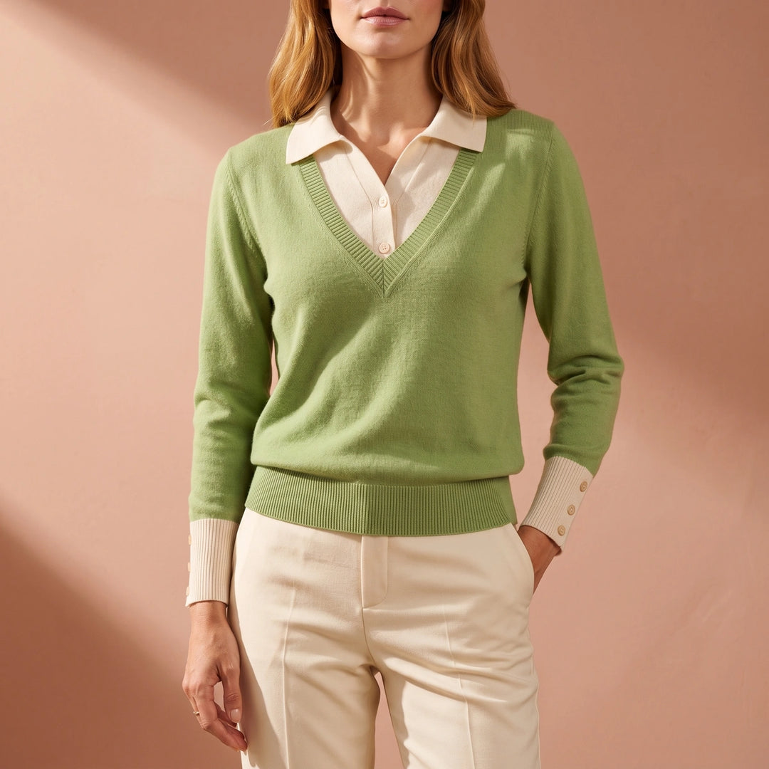 Rosalba Cashmere Blend Layered Polo Collar Sweater - Green