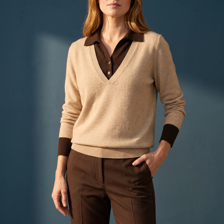 Rosalba Cashmere Blend Layered Polo Collar Sweater - Khaki