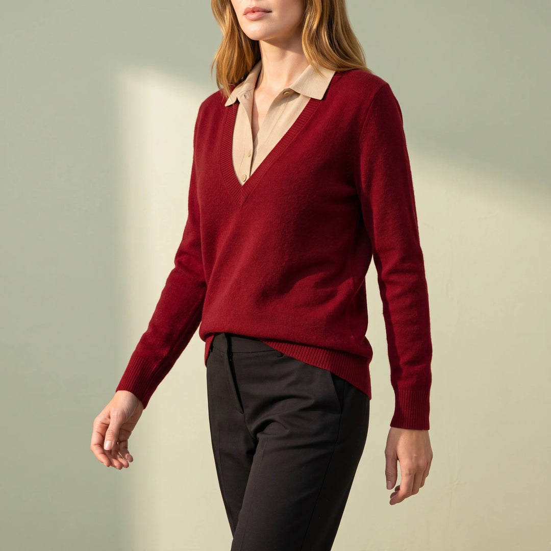 Rosalba Cashmere Blend Layered Polo Collar Sweater - Red