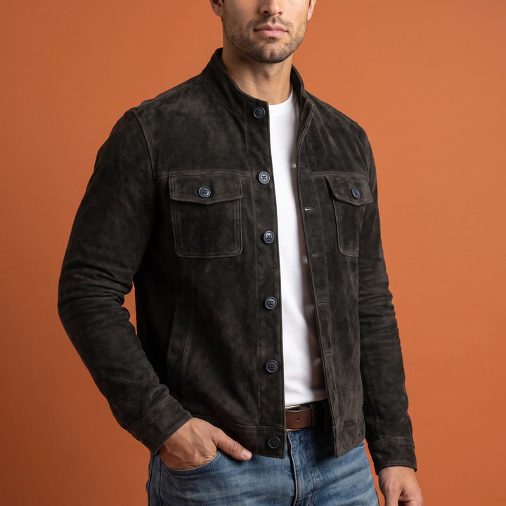 Rowan Suede Stand Collar Shirt Jacket - Black