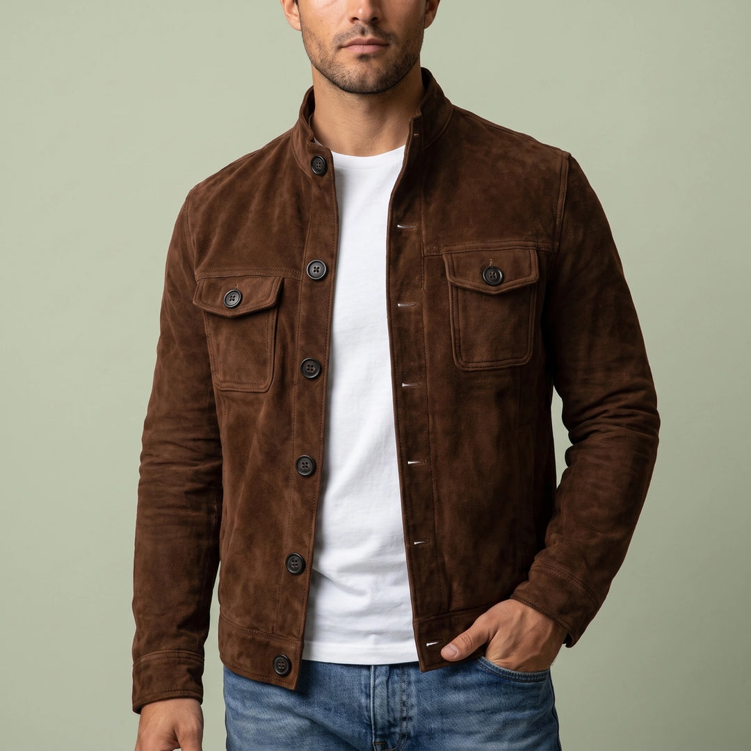 Rowan Suede Stand Collar Shirt Jacket - Dark Brown