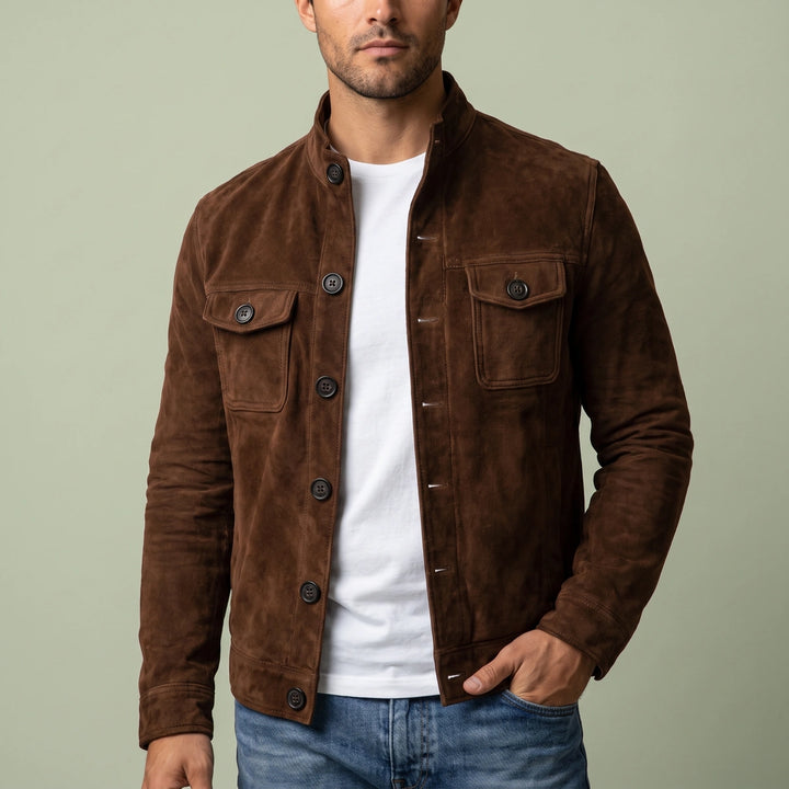 Rowan Suede Stand Collar Shirt Jacket - Dark Brown