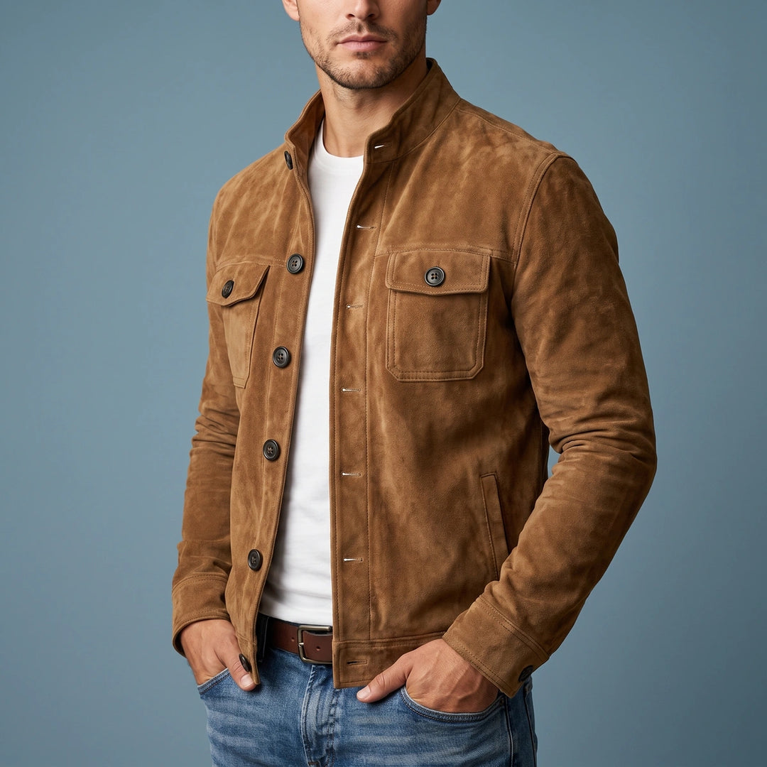 Rowan Suede Stand Collar Shirt Jacket - Light Brown