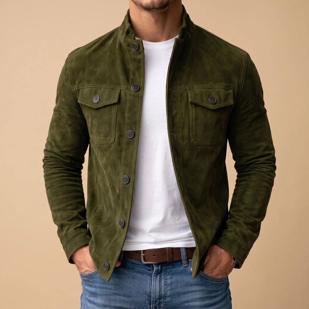 Rowan Suede Stand Collar Shirt Jacket - Olive