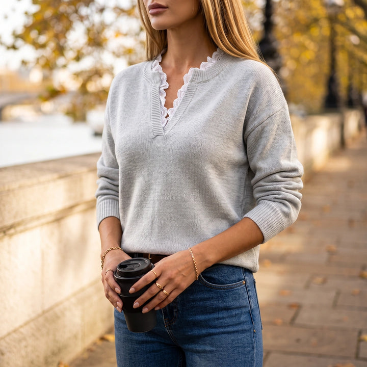 Rowena Lace Trim V Neck Sweater - Gray