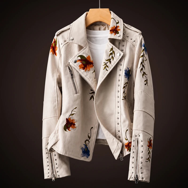 Anouk Women's Embroidered Biker Jacket - Beige