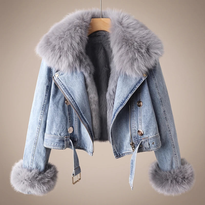 Winona Women's Fur Collar Denim Jacket - Light Blue