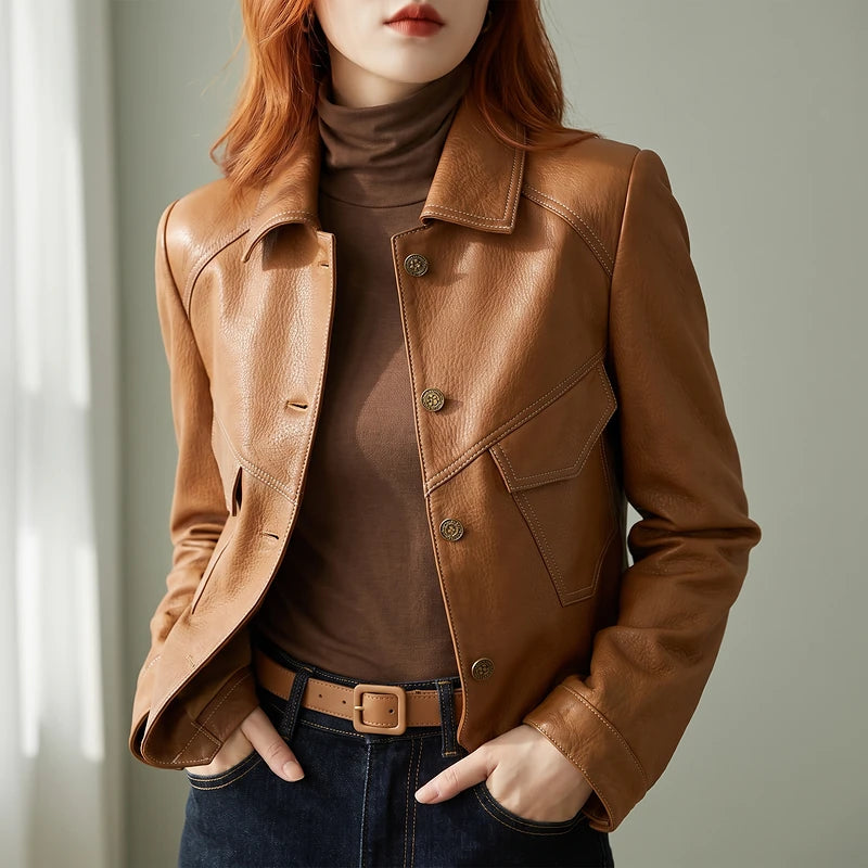 Clemence Women's Cropped Leather Jacket - Brown