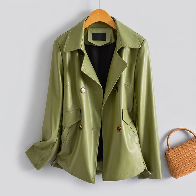 Elke Women's Double-Breasted Leather Jacket - Green