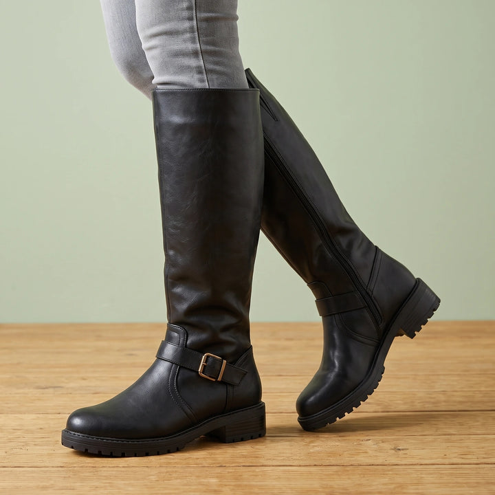 Sabina Buckle Strap Knee High Riding Boots - Black