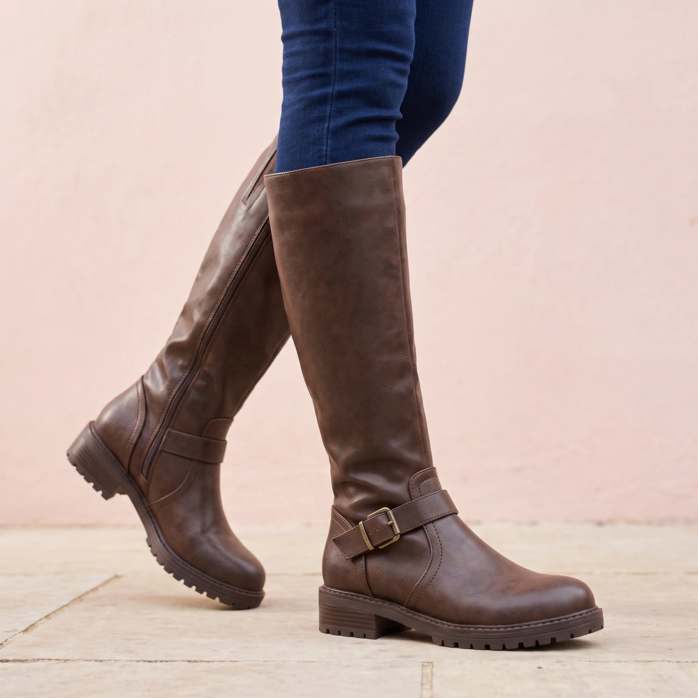 Sabina Buckle Strap Knee High Riding Boots - Dark Brown