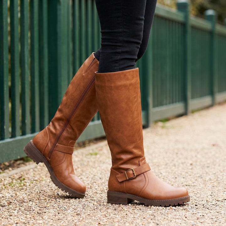 Sabina Buckle Strap Knee High Riding Boots - Light Brown