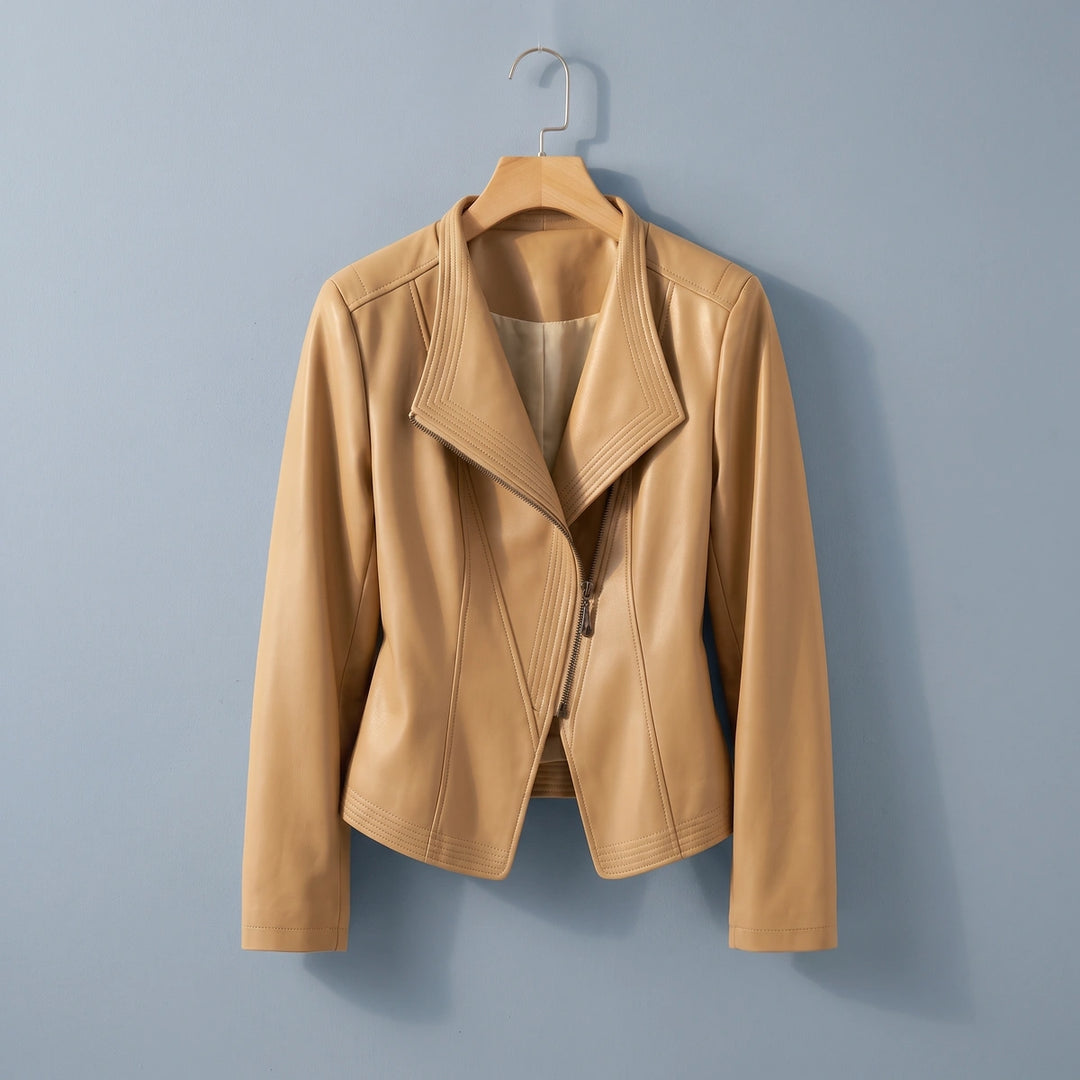 Sabrina Stand Collar Leather Jacket - Beige