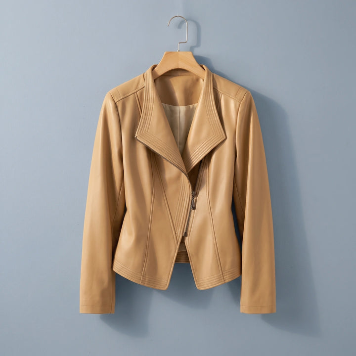 Sabrina Stand Collar Leather Jacket - Beige
