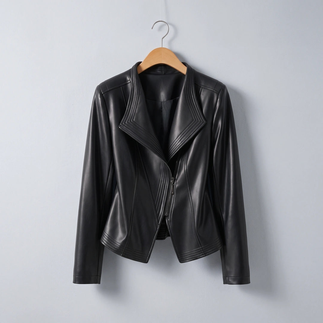 Sabrina Stand Collar Leather Jacket - Black