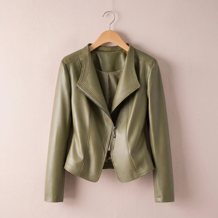 Sabrina Stand Collar Leather Jacket - Olive