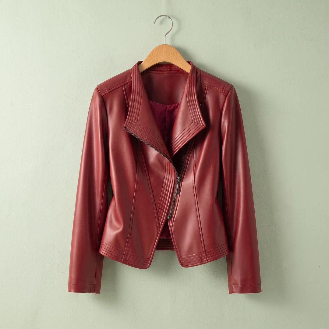 Sabrina Stand Collar Leather Jacket - Wine