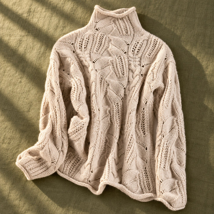 Samantha Open Cable Knit High Collar Sweater - Beige