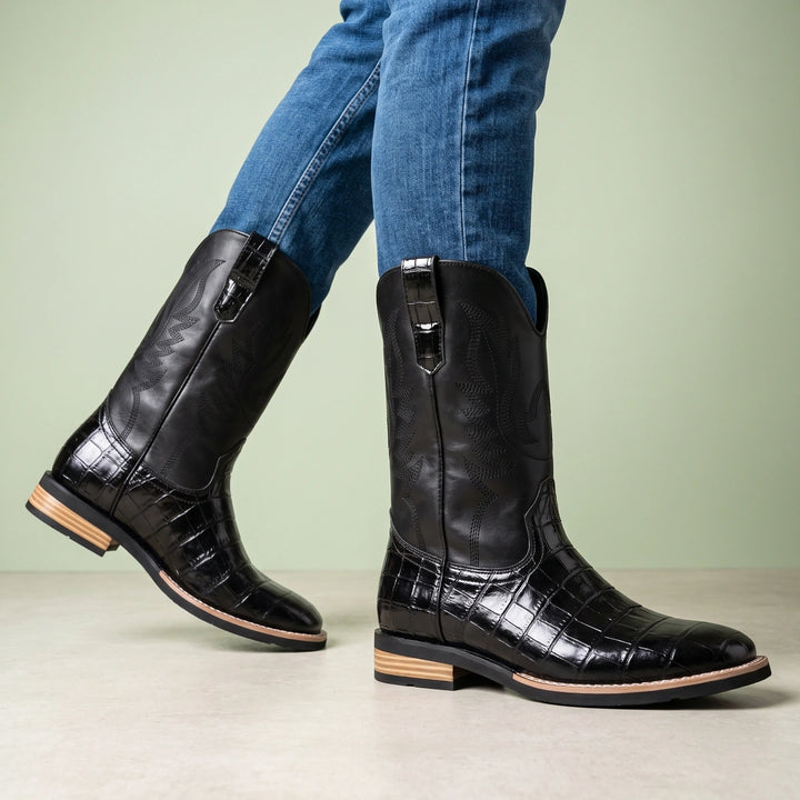 Sebastian Croc Foot Embroidered Shaft Cowboy Boots - Black