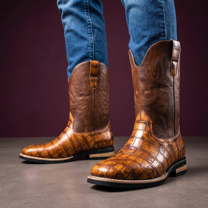 Sebastian Croc Foot Embroidered Shaft Cowboy Boots - Brown
