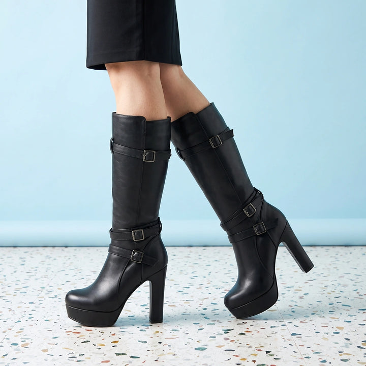 Selene Buckle Strap Platform Boots - Black