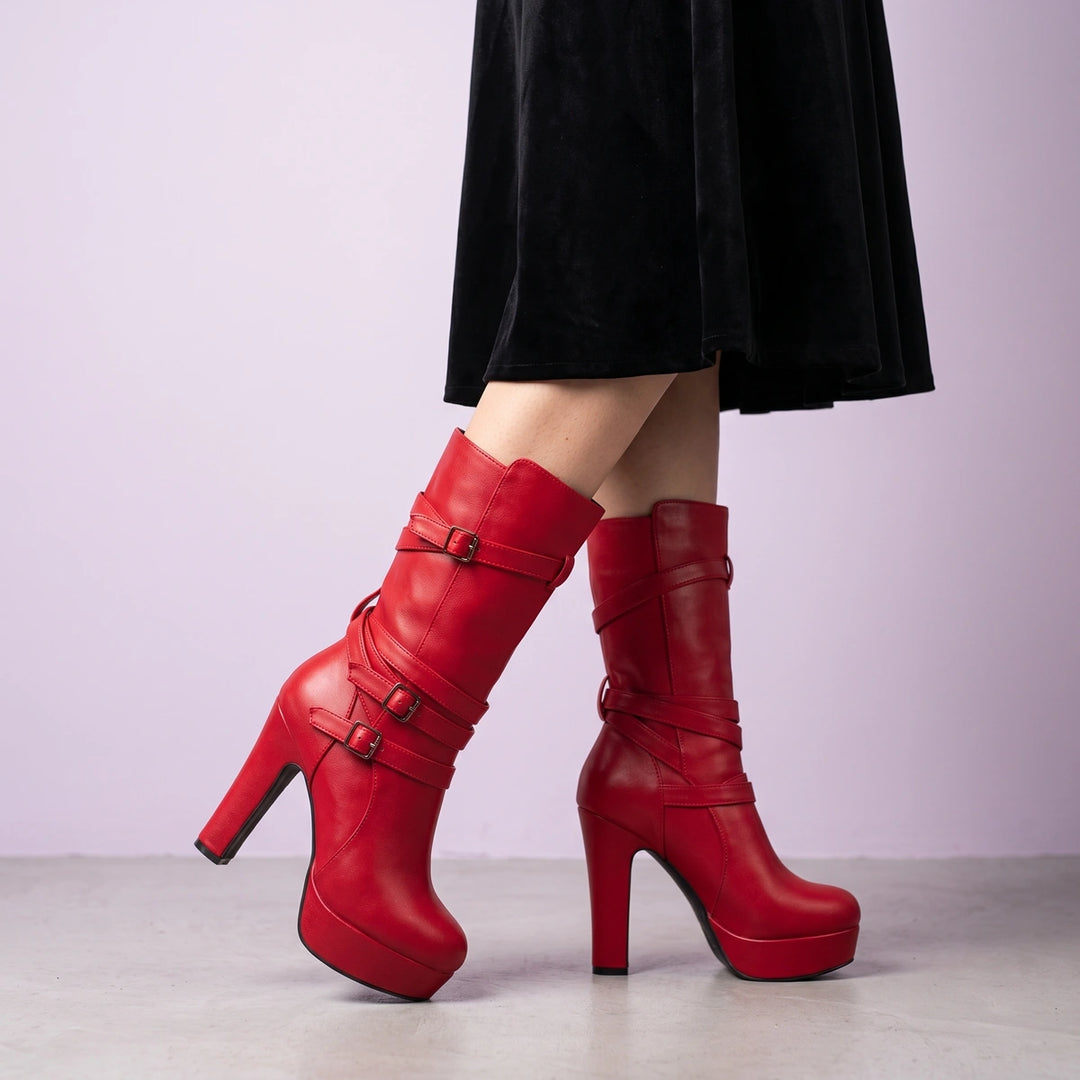 Selene Buckle Strap Platform Boots - Red