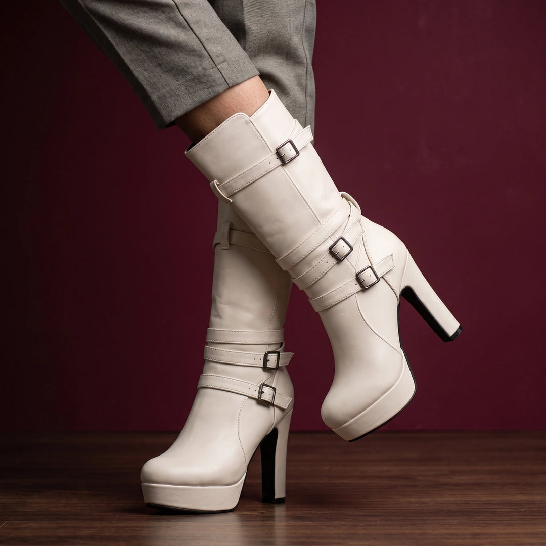 Selene Buckle Strap Platform Boots - White