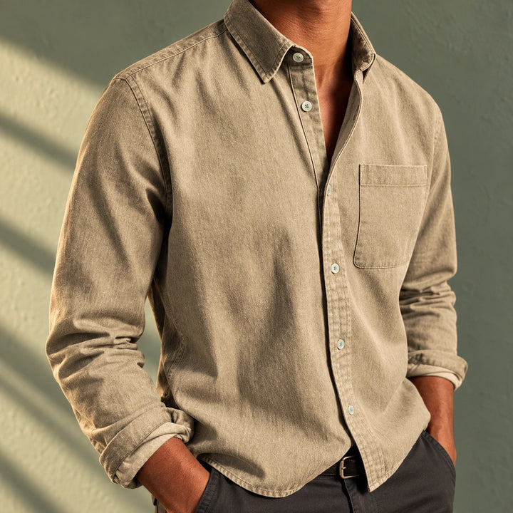Sheldon Cotton Denim Button-Down Shirt - Beige