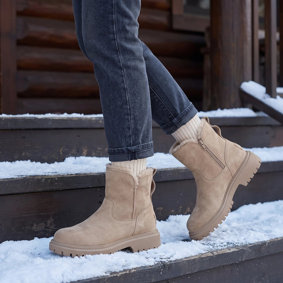 Sidony Vegan Suede Sherpa Lined Lug Sole Ankle Boots - Beige
