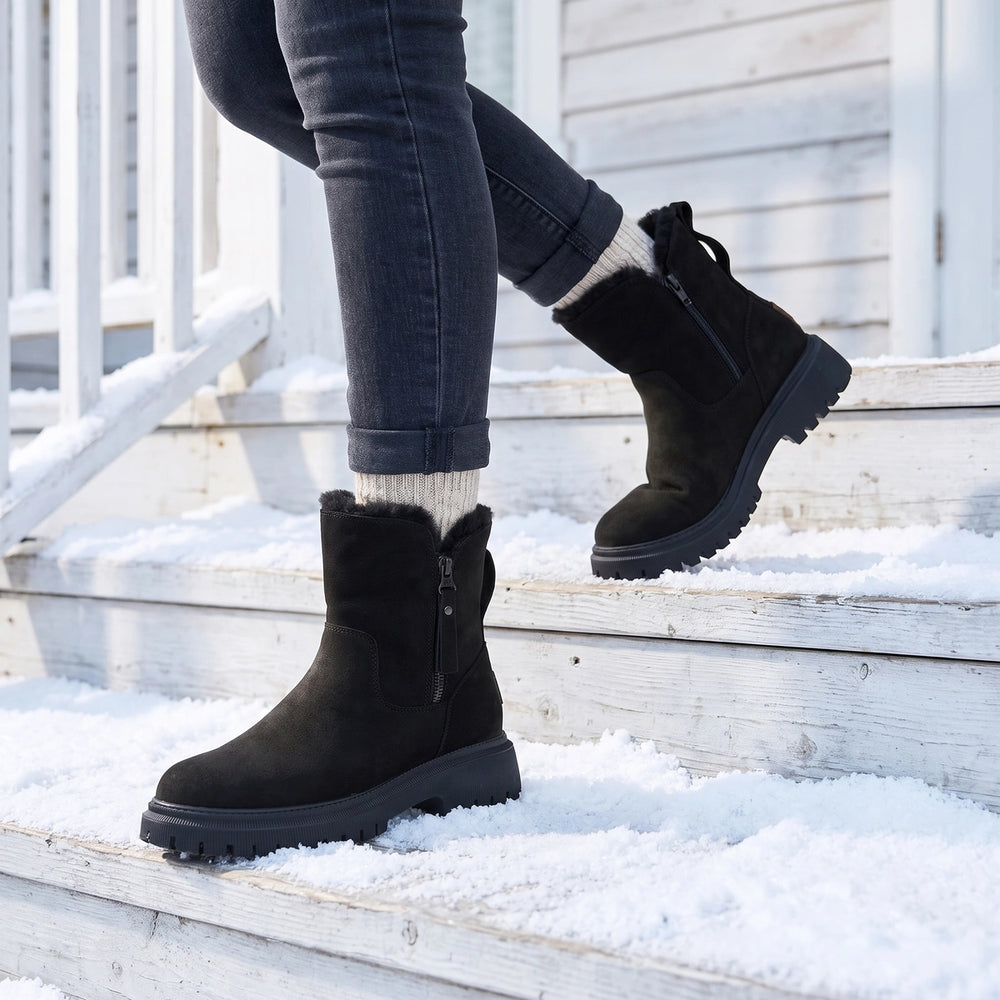 Sidony Vegan Suede Sherpa Lined Lug Sole Ankle Boots - Black