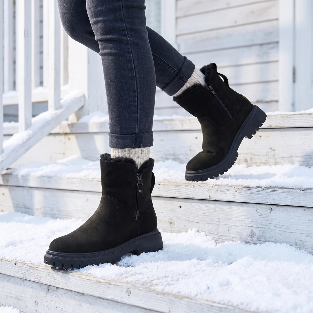 Sidony Vegan Suede Sherpa Lined Lug Sole Ankle Boots - Black