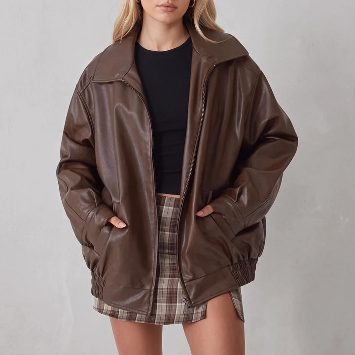 Sigrid Oversized Zip Bomber Jacket - Dark Brown