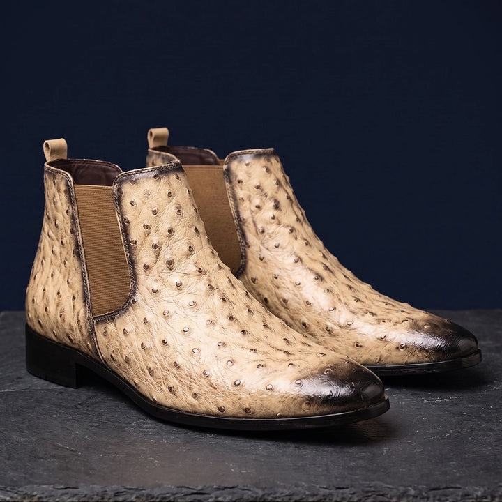 Silas Ostrich Embossed Chelsea Boots - Beige