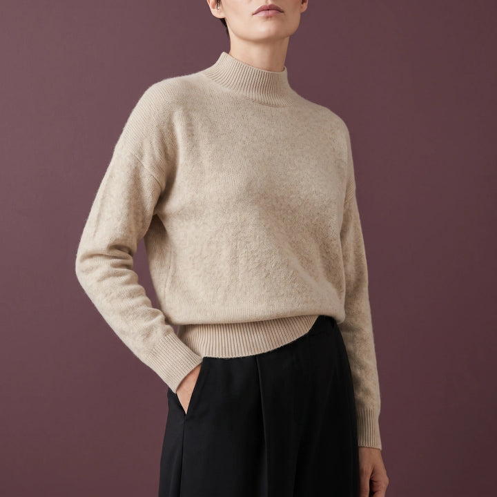 Simonetta Soft Knit Funnel Neck Pullover Sweater - Beige
