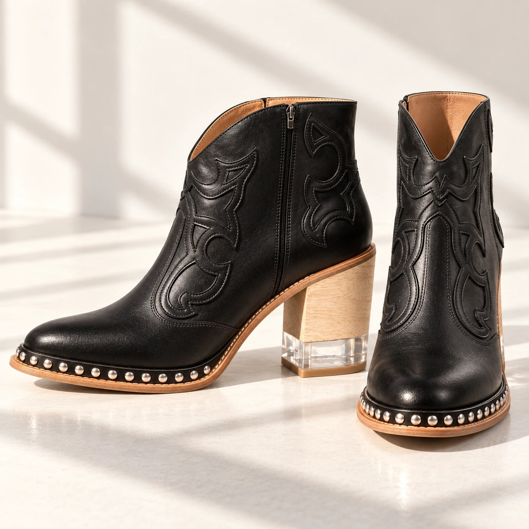 Sonia Studded Western Leather Ankle Boots - Black