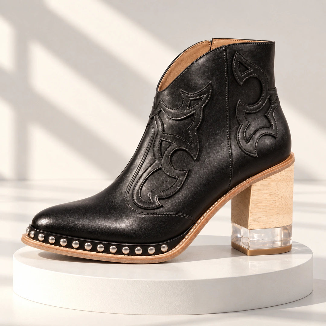 Sonia Studded Western Leather Ankle Boots - Black