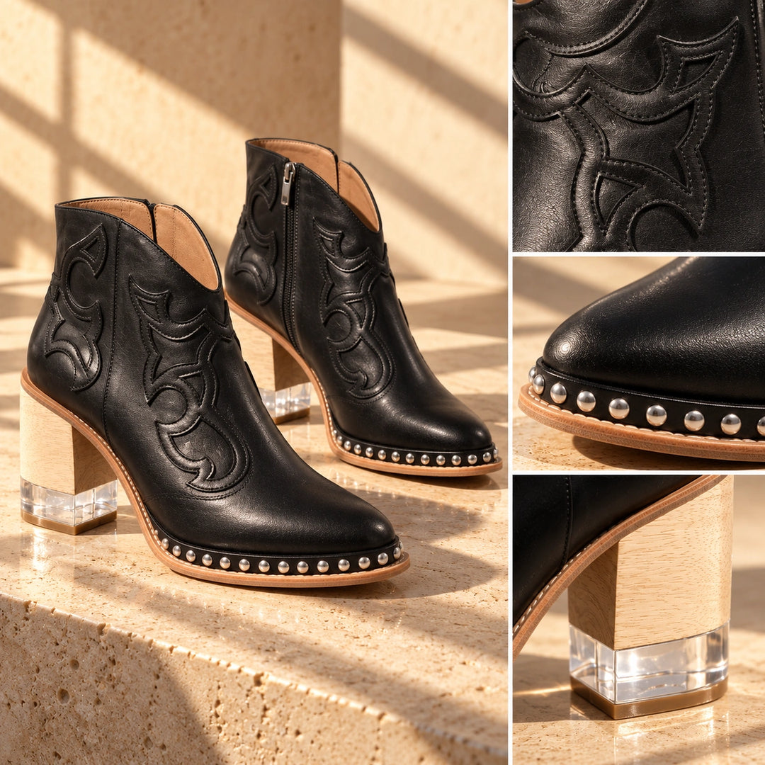 Sonia Studded Western Leather Ankle Boots - Black