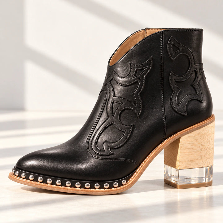 Sonia Studded Western Leather Ankle Boots - Black