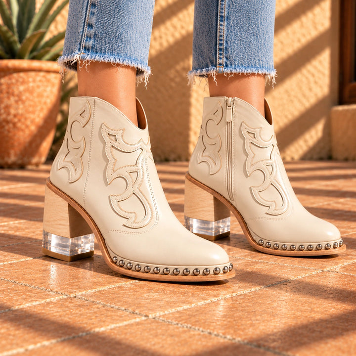 Sonia Studded Western Leather Ankle Boots - Cream