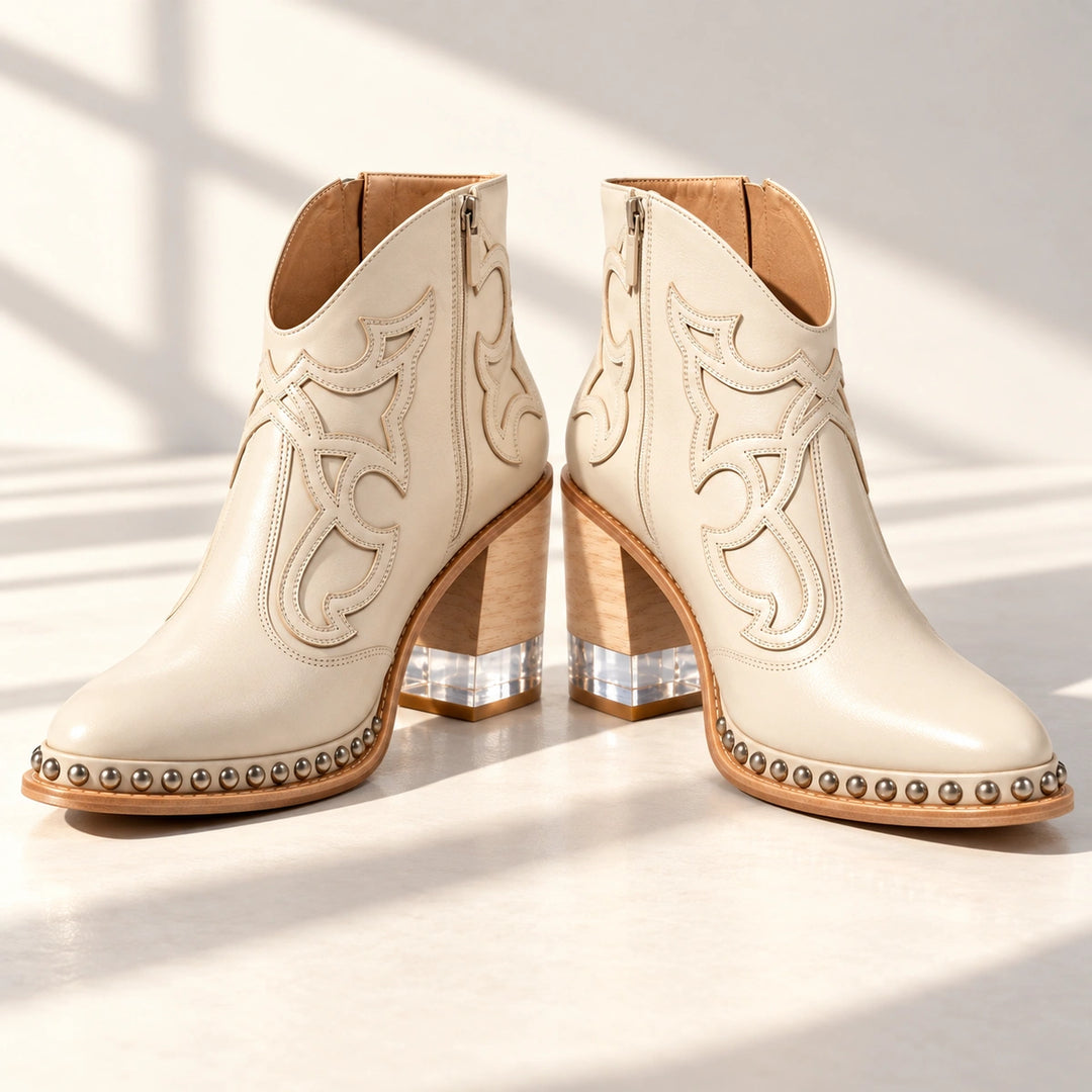 Sonia Studded Western Leather Ankle Boots - Cream
