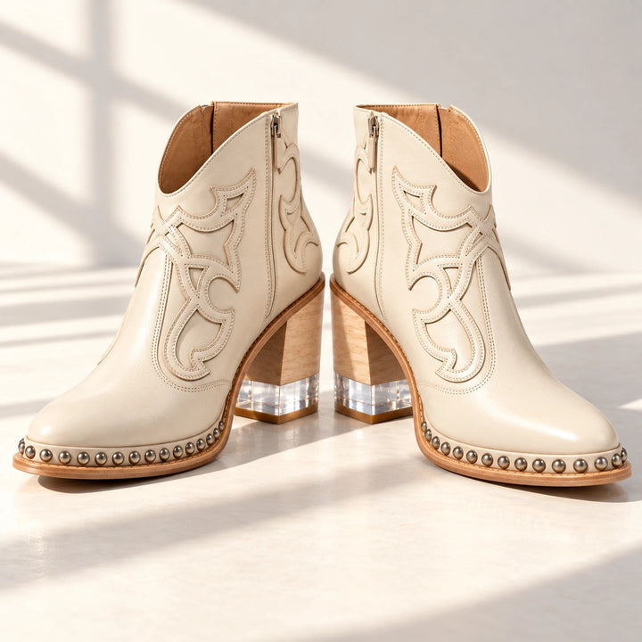Sonia Studded Western Leather Ankle Boots - Cream