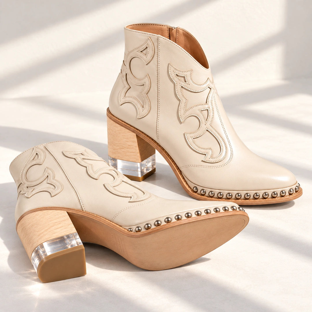 Sonia Studded Western Leather Ankle Boots - Cream