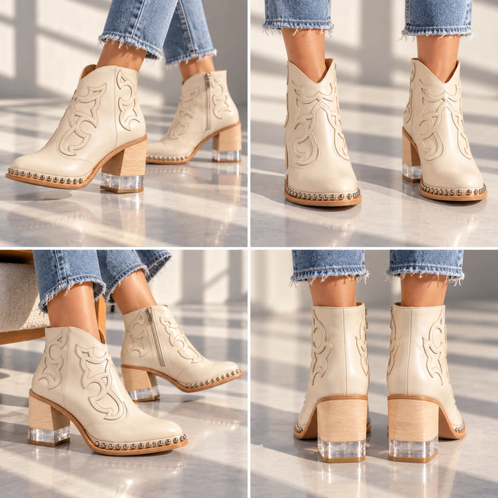 Sonia Studded Western Leather Ankle Boots - Cream