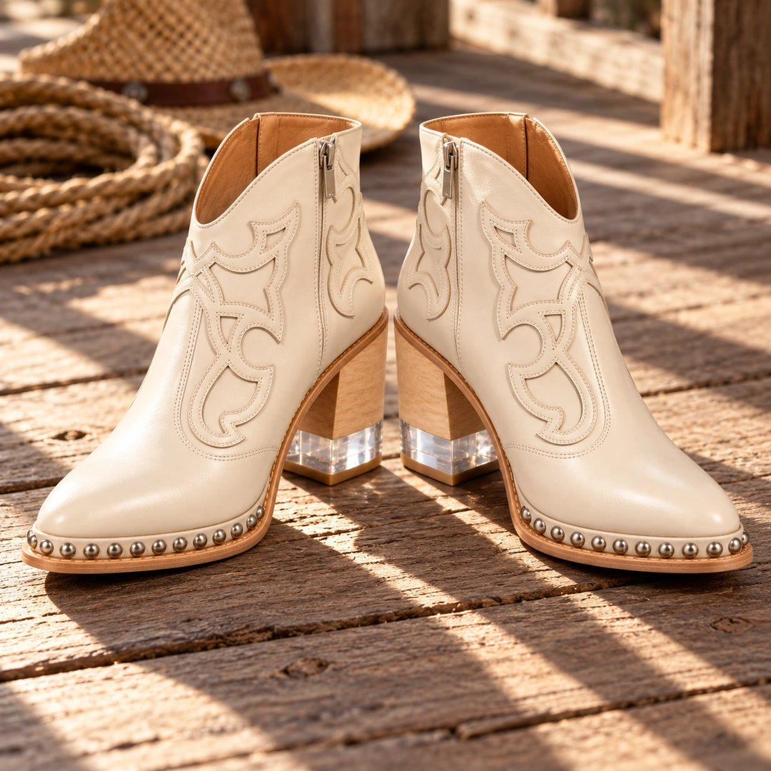 Sonia Studded Western Leather Ankle Boots - Cream