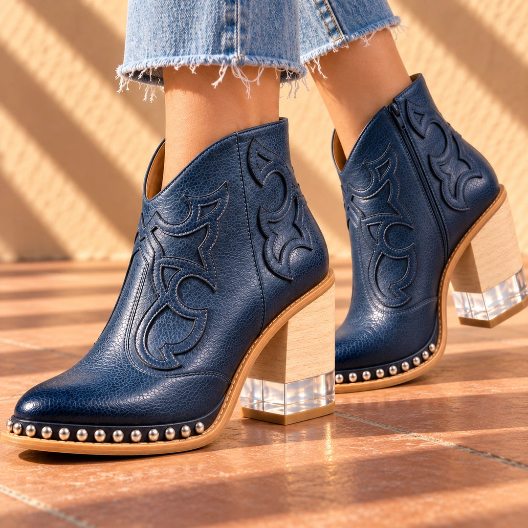 Sonia Studded Western Leather Ankle Boots - Navy