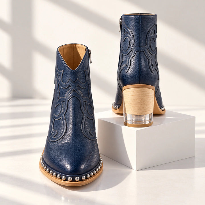 Sonia Studded Western Leather Ankle Boots - Navy