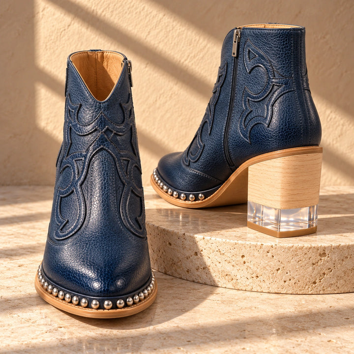 Sonia Studded Western Leather Ankle Boots - Navy